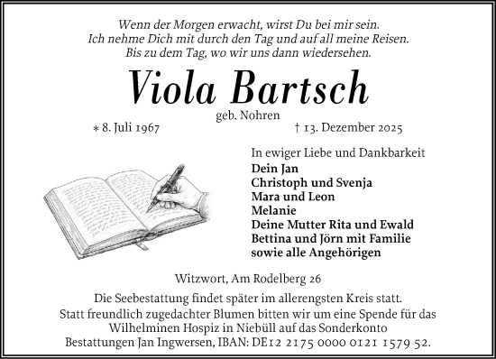 Traueranzeige von Viola Bartsch von Husumer Nachrichten, Nordfriesland Tageblatt