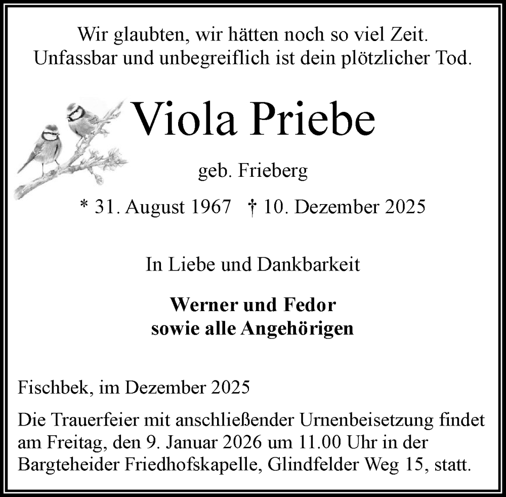  Traueranzeige für Viola Priebe vom 27.12.2025 aus MARKT Ahrensburg/Bargteheide/Trittau und Stormarner Tageblatt