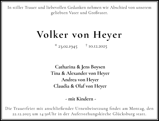Traueranzeige von Volker von Heyer von Flensburger Tageblatt
