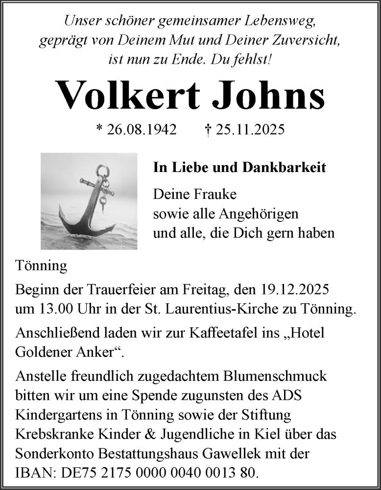  Traueranzeige für Volkert Johns vom 05.12.2025 aus Husumer Nachrichten, Nordfriesland Tageblatt
