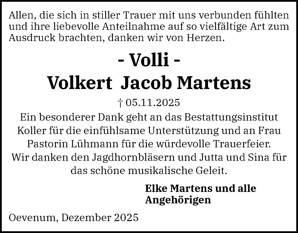  Traueranzeige für Volkert Jacob Martens vom 17.12.2025 aus Der Insel-Bote