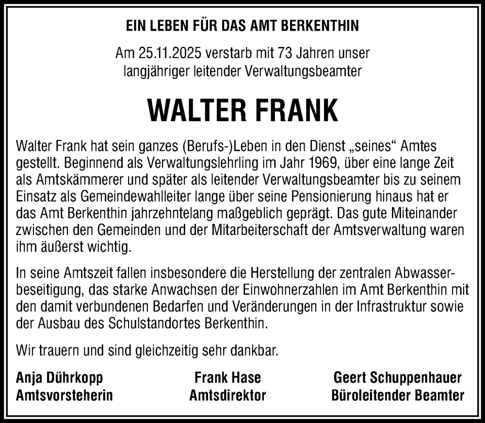  Traueranzeige für Walter Frank vom 13.12.2025 aus MARKT Ratzeburg/Mölln