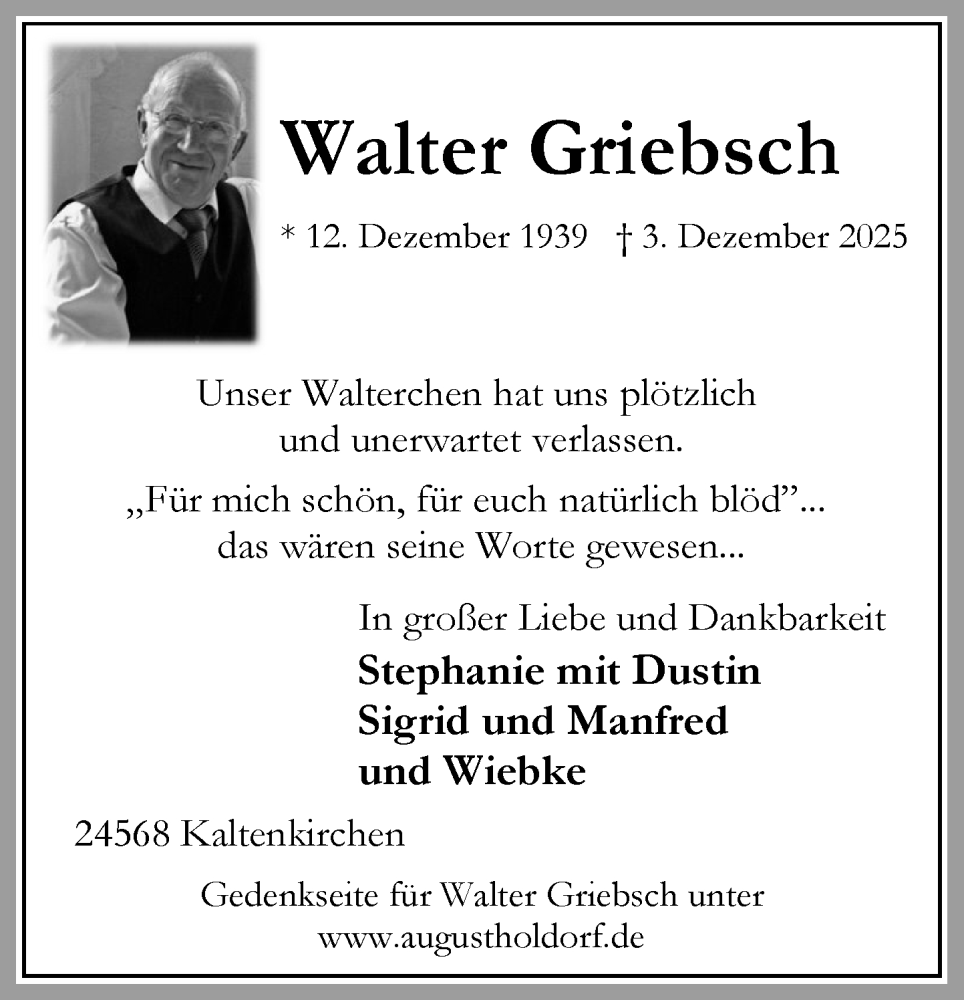  Traueranzeige für Walter Griebsch vom 13.12.2025 aus Umschau