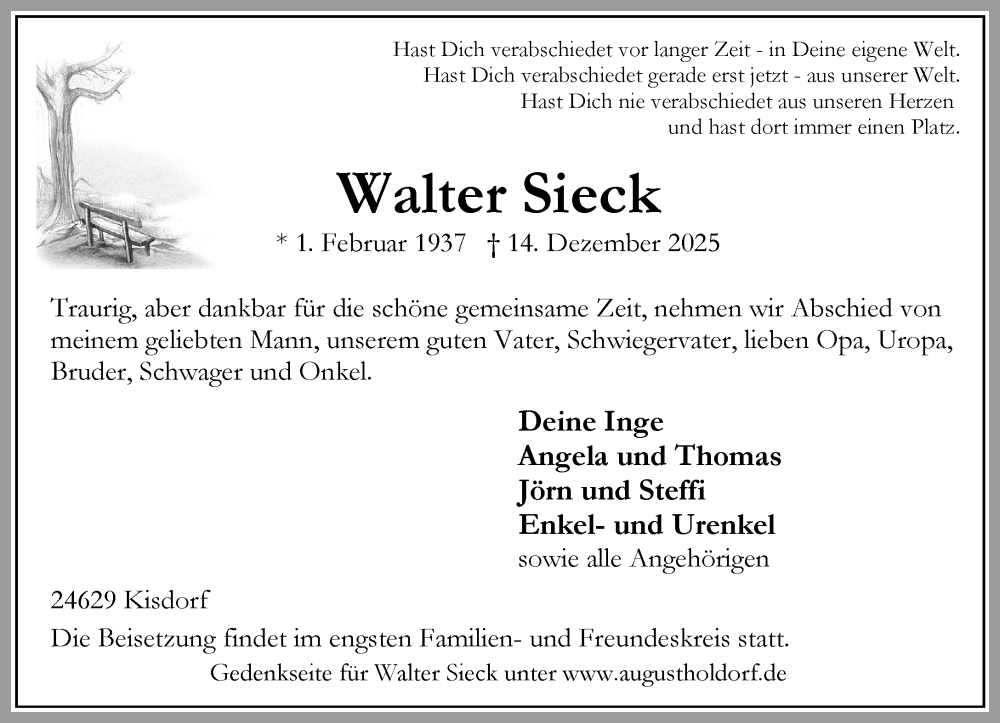  Traueranzeige für Walter Sieck vom 20.12.2025 aus Umschau