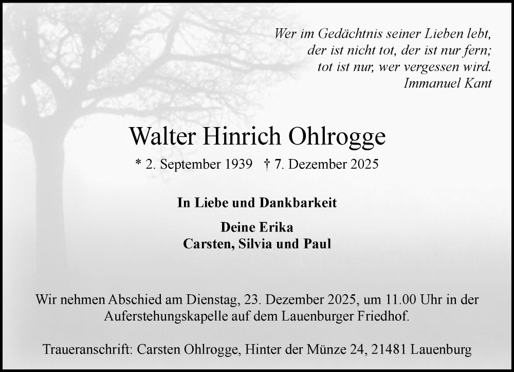  Traueranzeige für Walter Hinrich Ohlrogge vom 20.12.2025 aus Wochenend Anzeiger