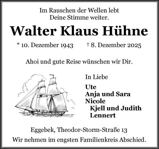 Traueranzeige von Walter Klaus Hühne von Flensburger Tageblatt, Schleswiger Nachrichten, Schlei-Bote