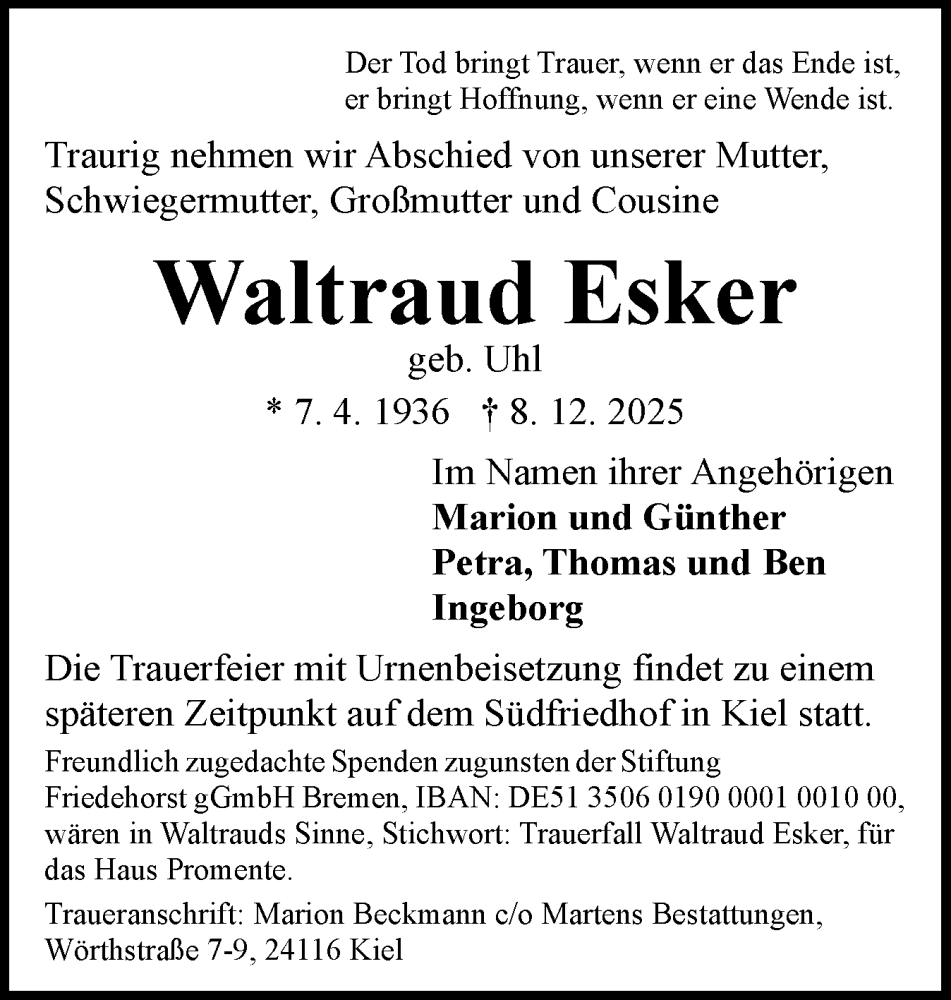  Traueranzeige für Waltraud Esker vom 27.12.2025 aus Eckernförder Zeitung, Hallo Eckernförde