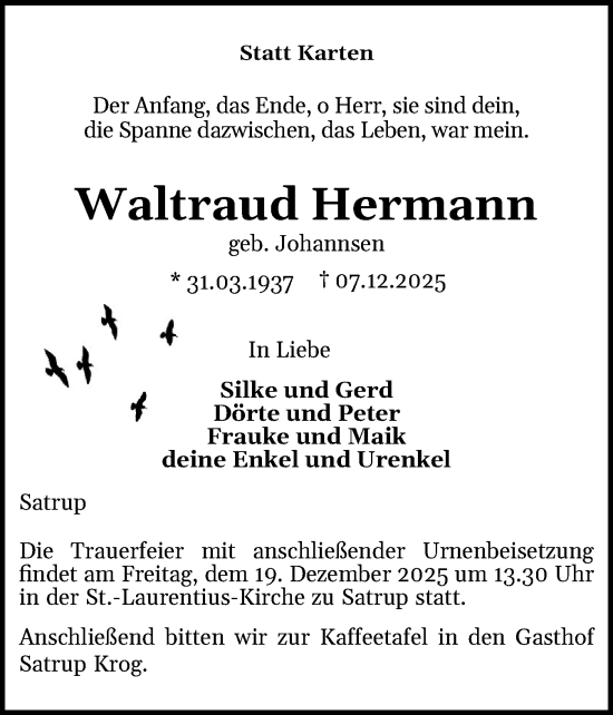 Traueranzeige von Waltraud Hermann von Flensburger Tageblatt, Schleswiger Nachrichten, Schlei-Bote