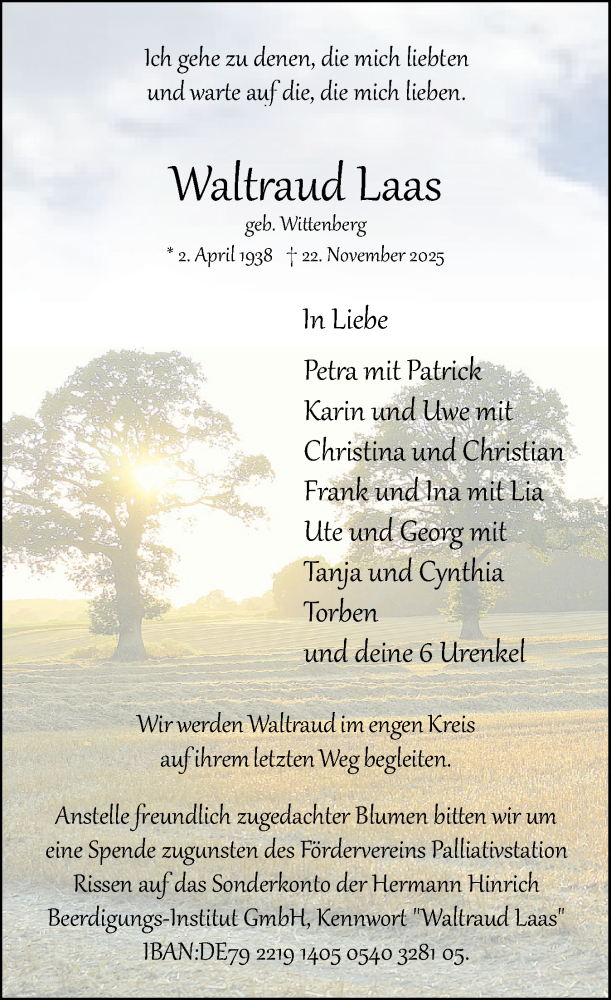  Traueranzeige für Waltraud Laas vom 06.12.2025 aus Elmshorner Nachrichten, Barmstedter Zeitung