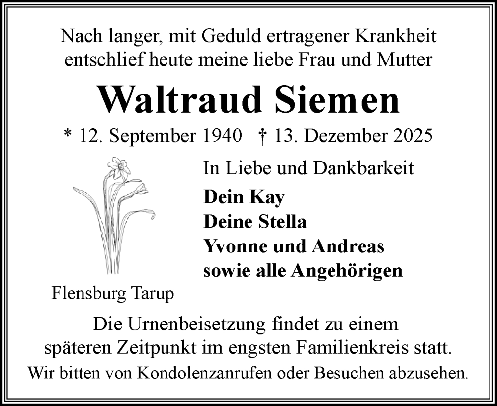  Traueranzeige für Waltraud Siemen vom 20.12.2025 aus Flensburger Tageblatt