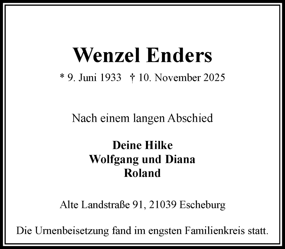  Traueranzeige für Wenzel Enders vom 06.12.2025 aus Wochenend Anzeiger