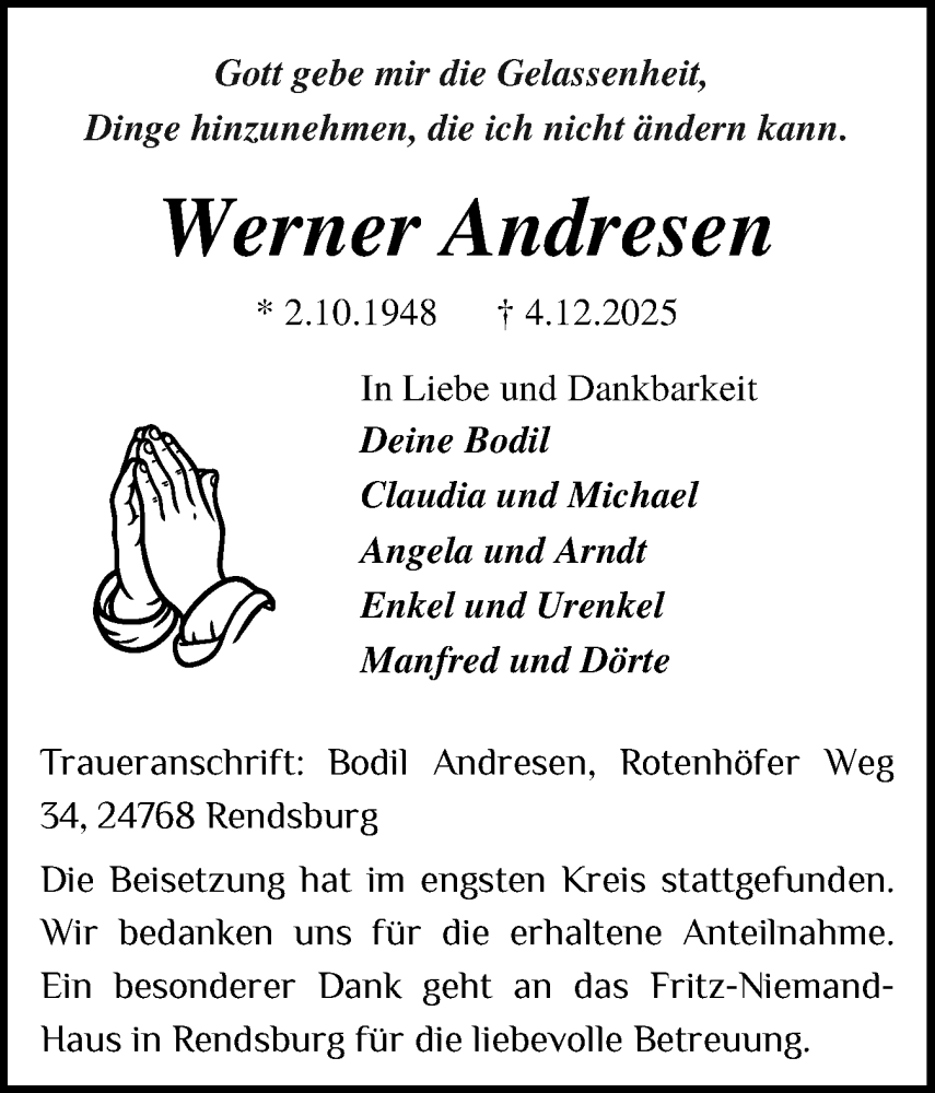  Traueranzeige für Werner Andresen vom 20.12.2025 aus Husumer Nachrichten, Nordfriesland Tageblatt