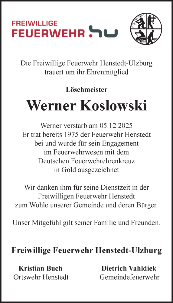  Traueranzeige für Werner Koslowski vom 13.12.2025 aus Umschau