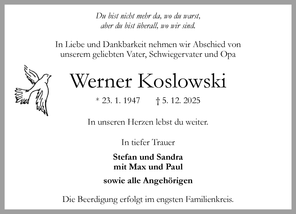  Traueranzeige für Werner Koslowski vom 13.12.2025 aus Umschau