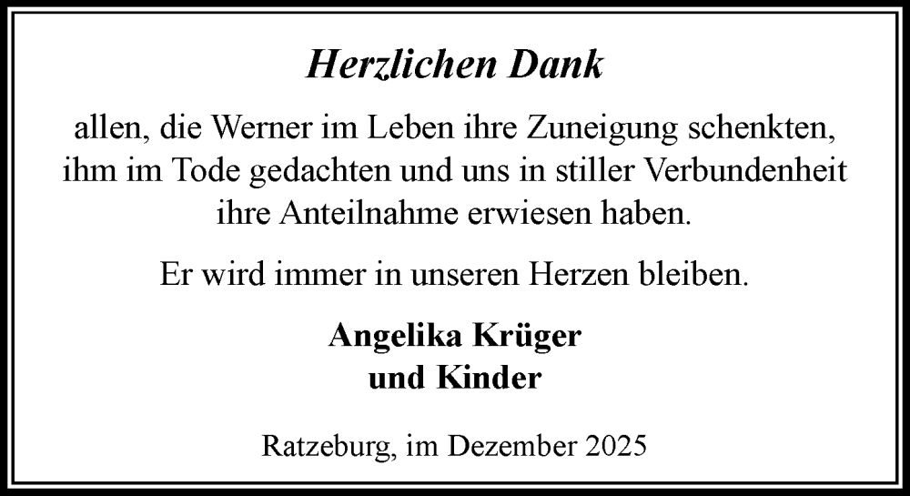  Traueranzeige für Werner Krüger vom 06.12.2025 aus MARKT Ratzeburg/Mölln