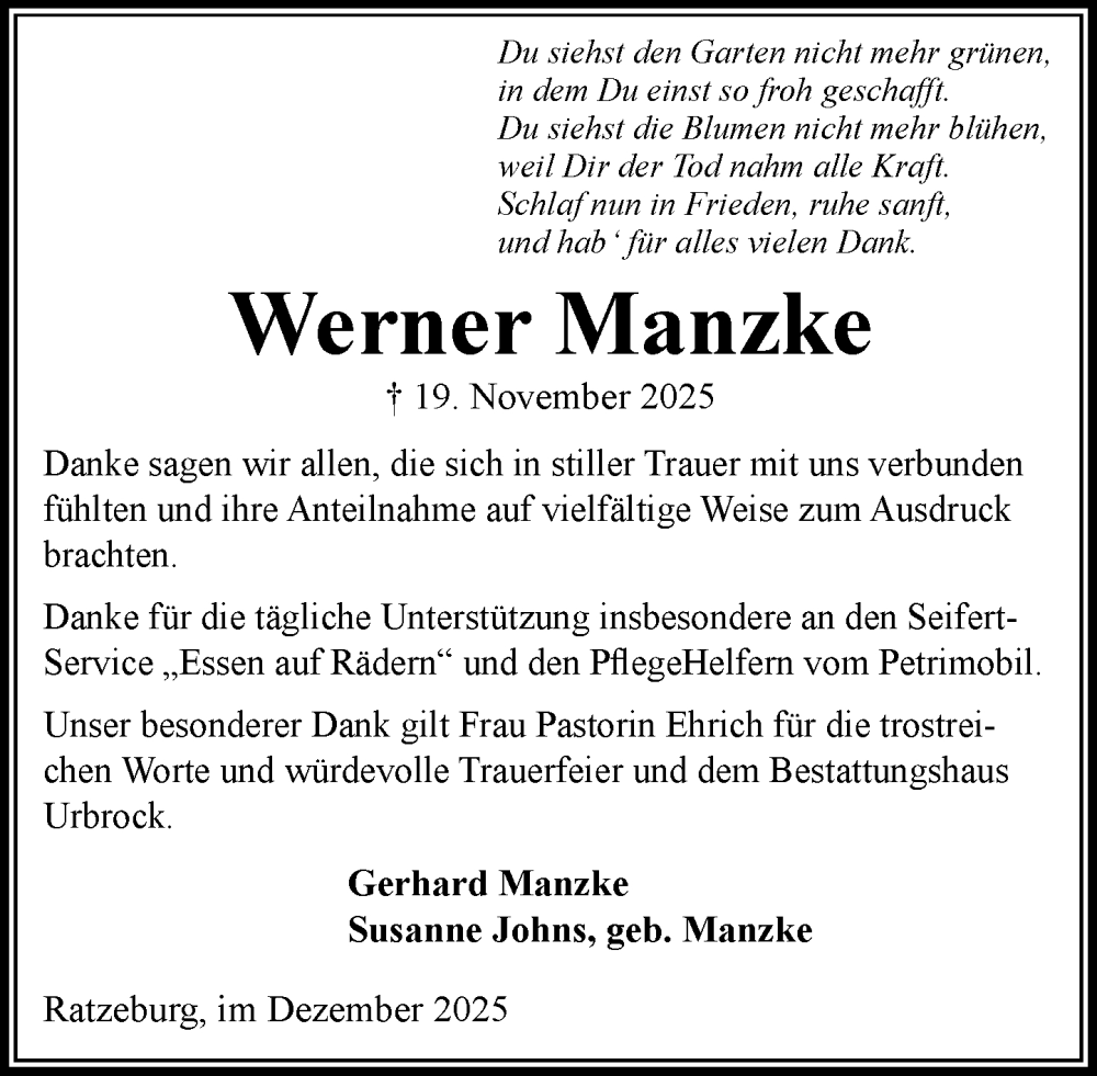  Traueranzeige für Werner Manzke vom 13.12.2025 aus MARKT Ratzeburg/Mölln