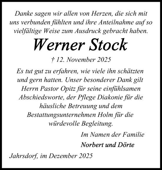 Traueranzeige von Werner Stock von Schleswig-Holsteinische Landeszeitung