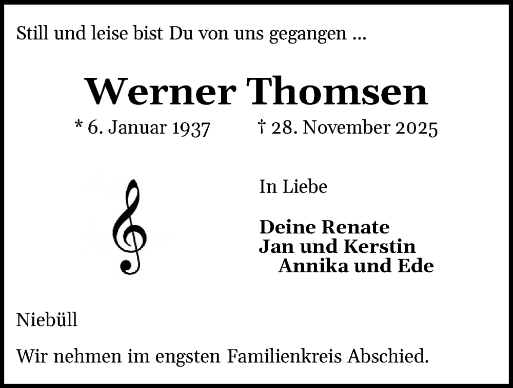  Traueranzeige für Werner Thomsen vom 06.12.2025 aus Husumer Nachrichten, Nordfriesland Tageblatt