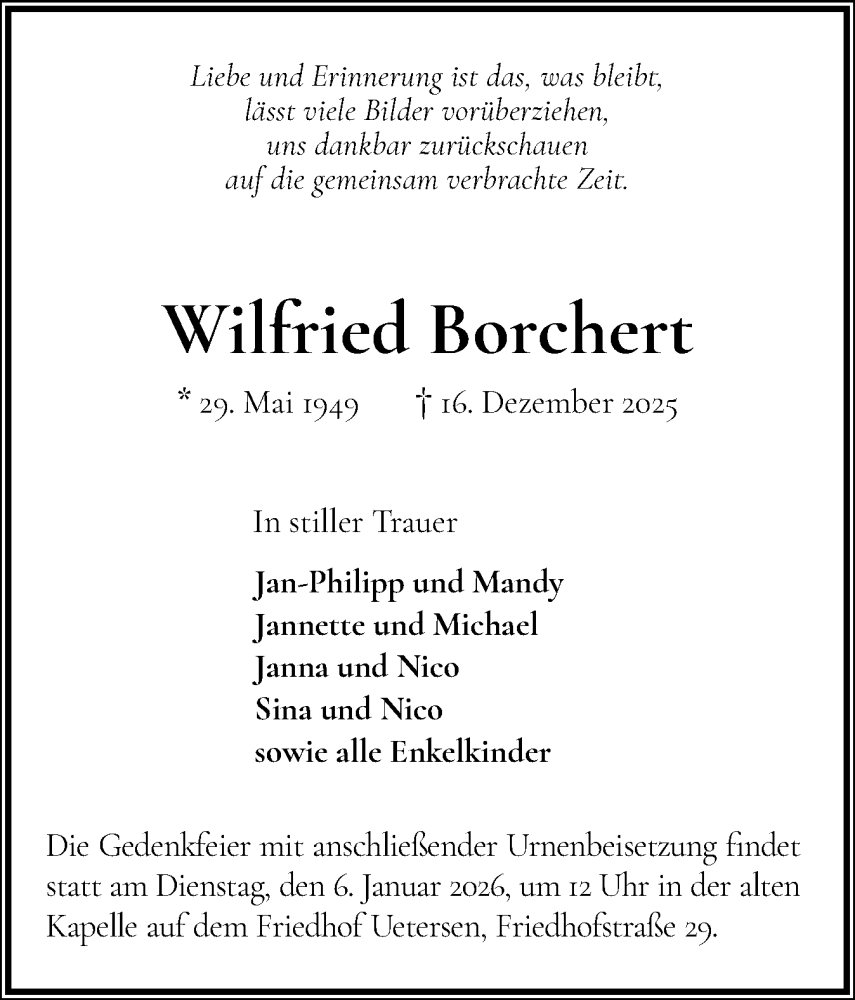  Traueranzeige für Wilfried Borchert vom 27.12.2025 aus Uetersener Nachrichten, Der tip am Wochenende