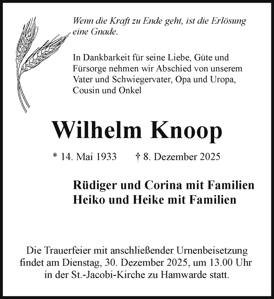  Traueranzeige für Wilhelm Knoop vom 20.12.2025 aus Wochenend Anzeiger