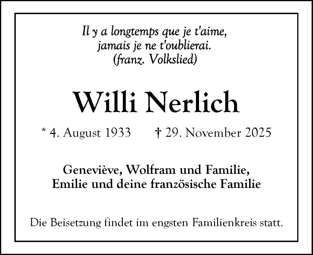  Traueranzeige für Willi Nerlich vom 06.12.2025 aus Ostholsteiner Anzeiger