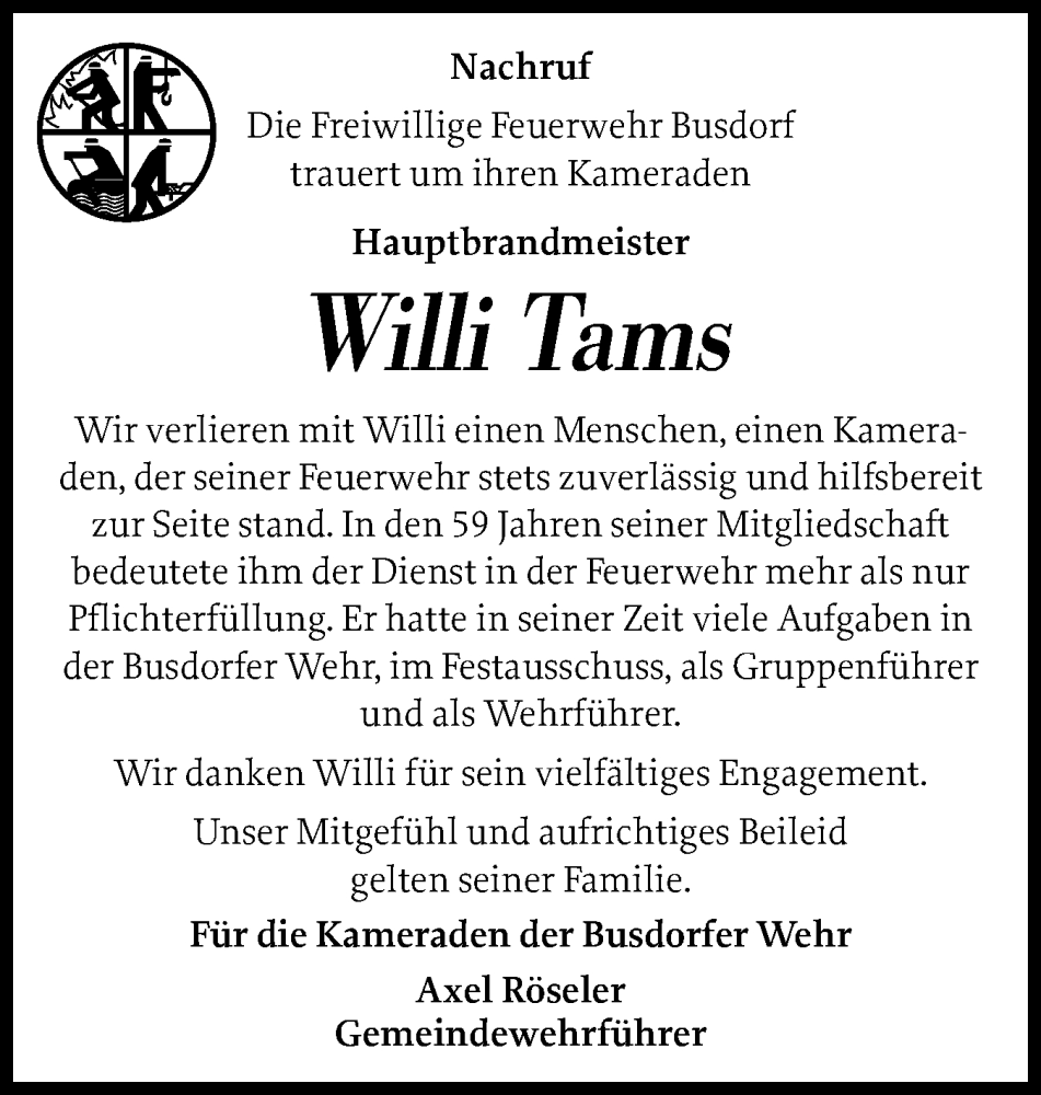  Traueranzeige für Willi Tams vom 18.12.2025 aus Schleswiger Nachrichten, Schlei-Bote
