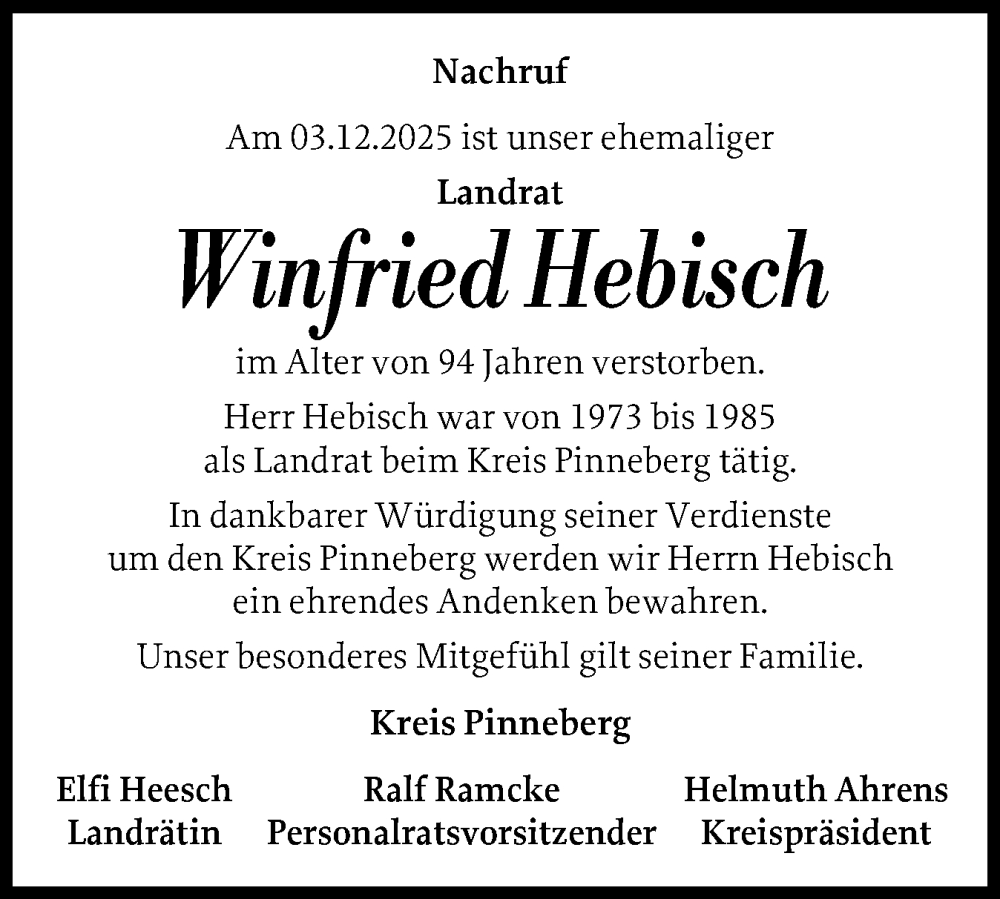  Traueranzeige für Winfried Hebisch vom 27.12.2025 aus A. Beig Gesamtausgabe