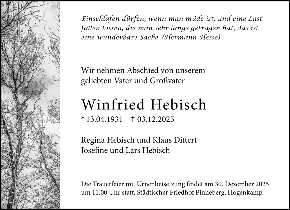  Traueranzeige für Winfried Hebisch vom 20.12.2025 aus Region Pinneberg und tip Pinneberg