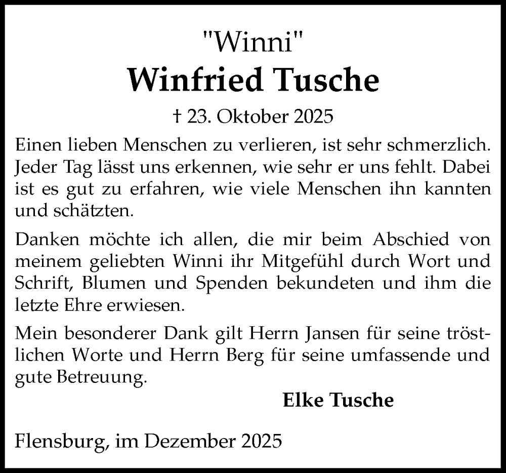  Traueranzeige für Winfried Tusche vom 20.12.2025 aus Flensburger Tageblatt