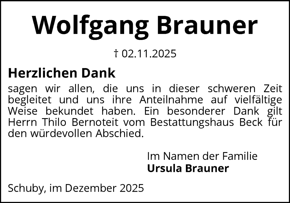  Traueranzeige für Wolfgang Brauner vom 13.12.2025 aus Schleswiger Nachrichten, Schlei-Bote