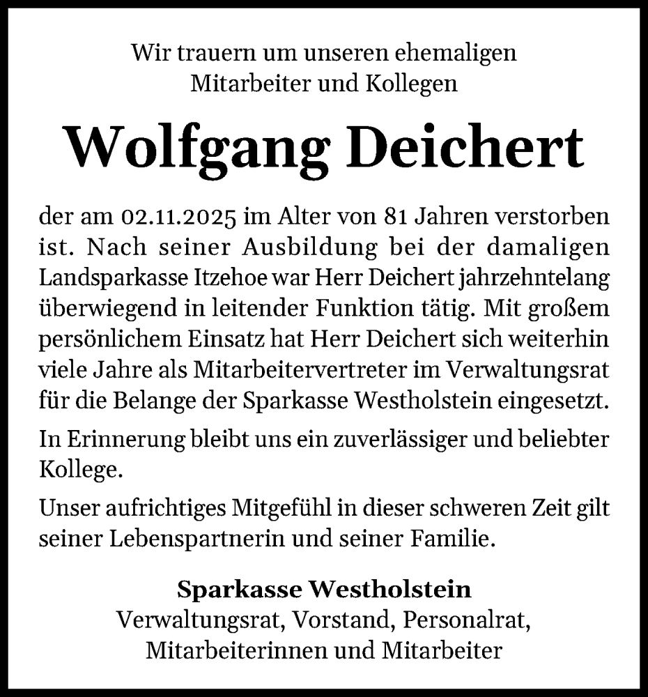  Traueranzeige für Wolfgang Deichert vom 13.12.2025 aus Norddeutsche Rundschau, Wilstersche Zeitung, Glückstädter Fortuna