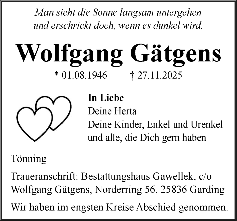  Traueranzeige für Wolfgang Gätgens vom 13.12.2025 aus Husumer Nachrichten, Nordfriesland Tageblatt