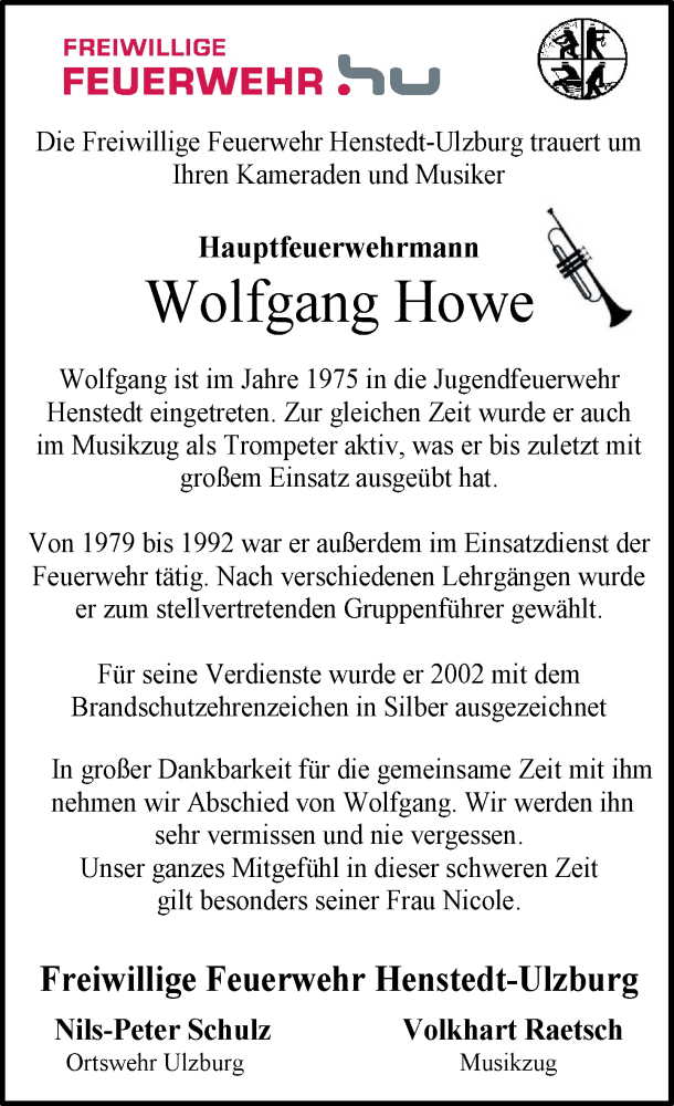  Traueranzeige für Wolfgang Howe vom 13.12.2025 aus Umschau