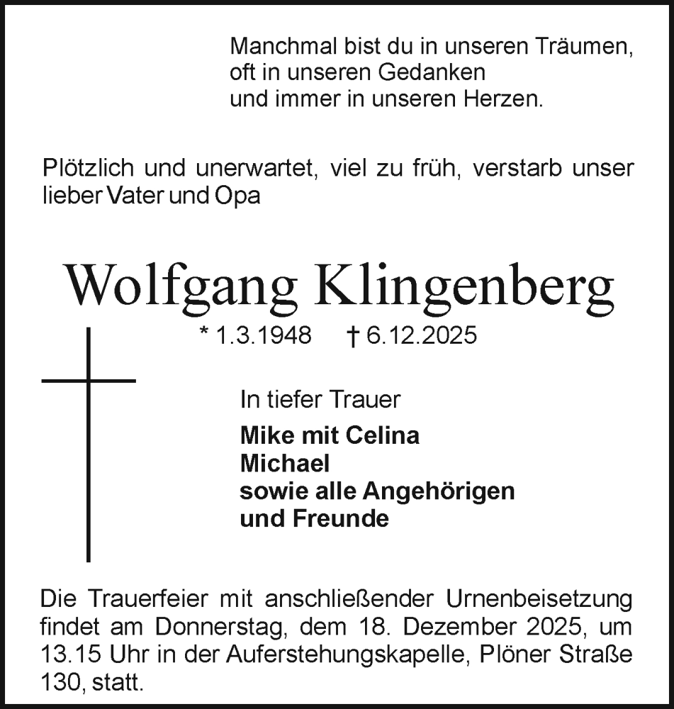  Traueranzeige für Wolfgang Klingenberg vom 13.12.2025 aus Holsteinischer Courier