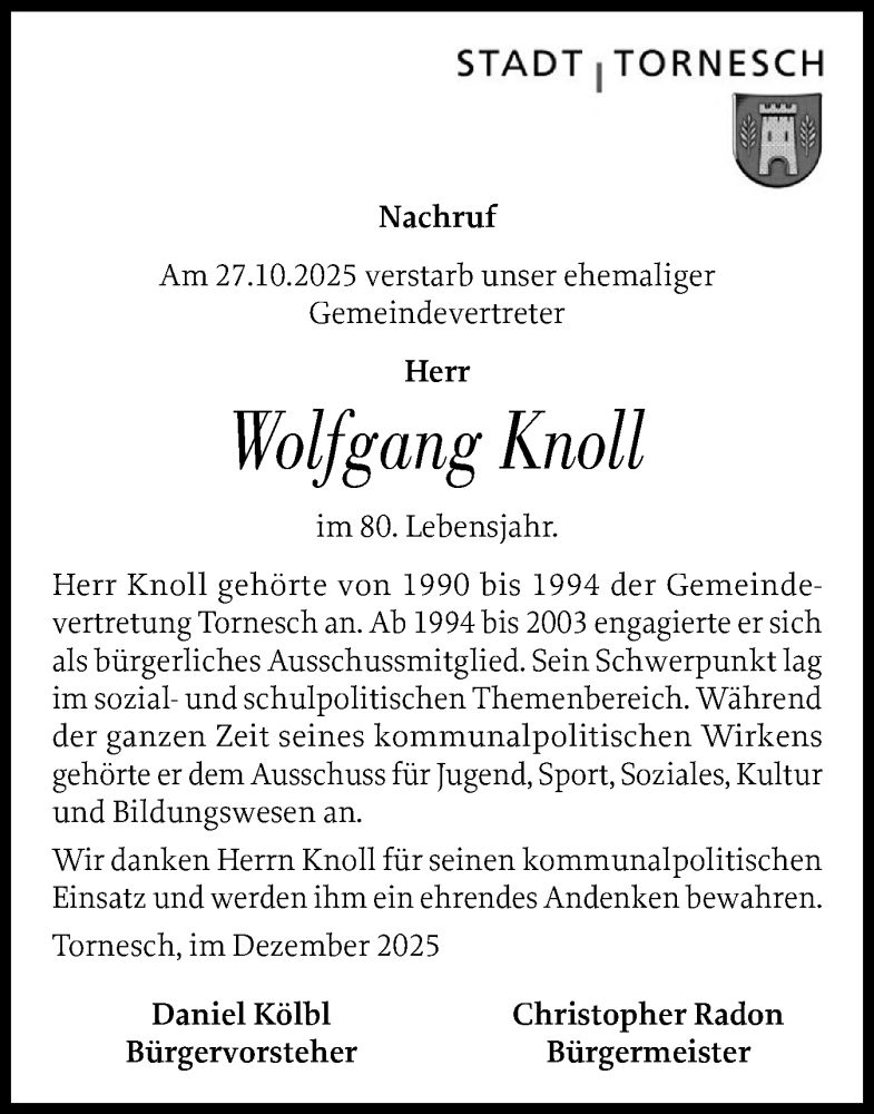  Traueranzeige für Wolfgang Knoll vom 13.12.2025 aus Uetersener Nachrichten, Der tip am Wochenende
