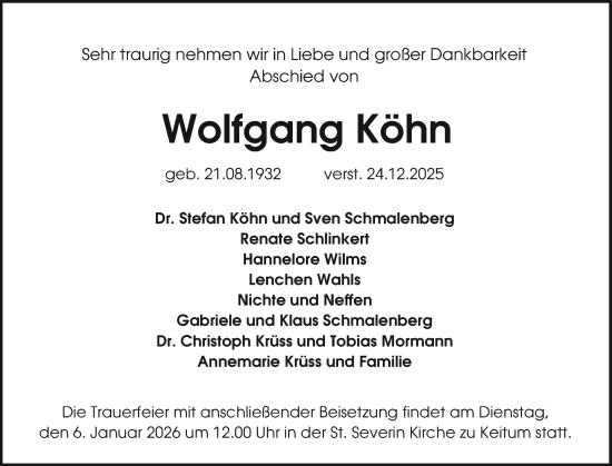 Traueranzeige von Wolfgang Köhn von Sylter Rundschau