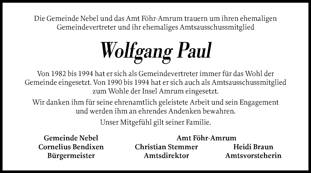  Traueranzeige für Wolfgang Paul vom 10.12.2025 aus Der Insel-Bote