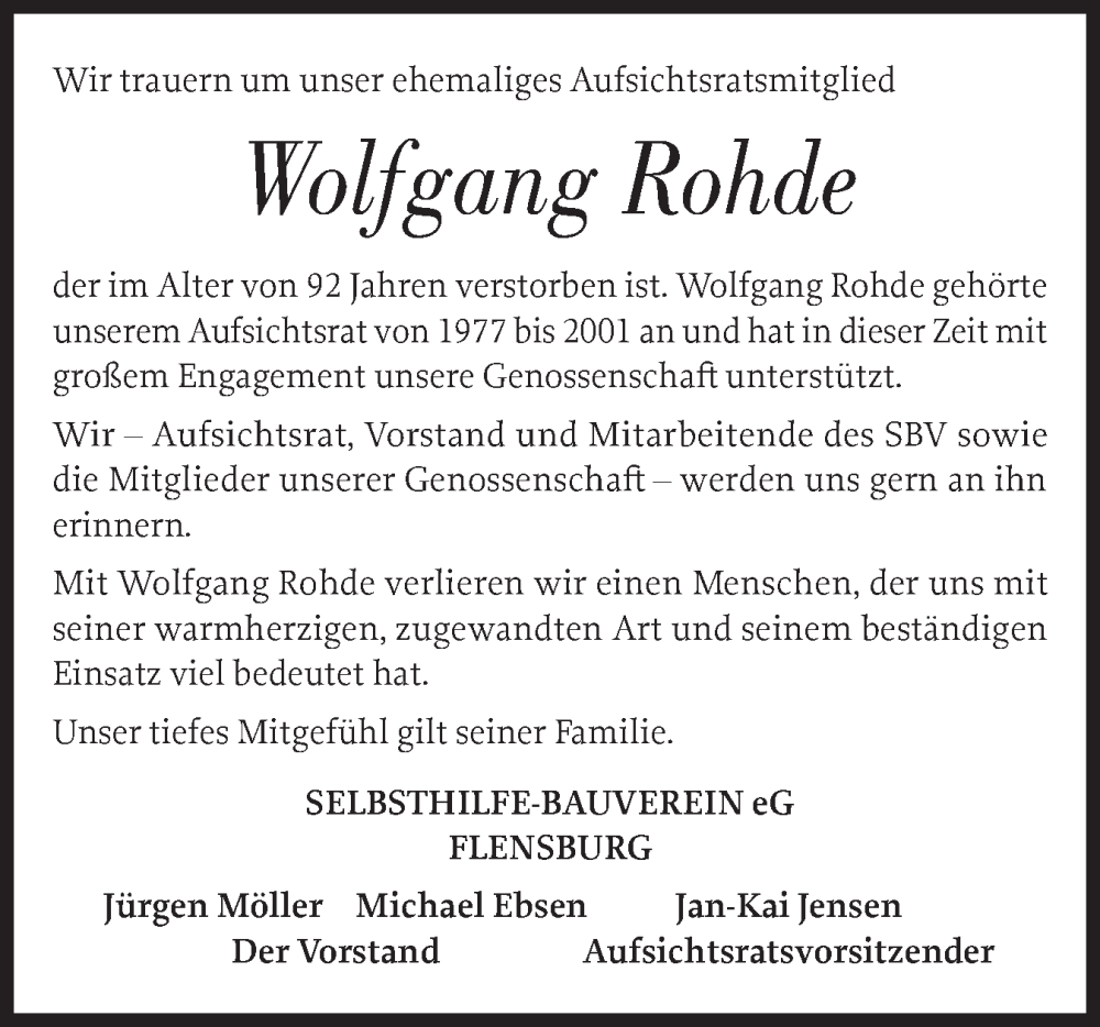  Traueranzeige für Wolfgang Rohde vom 06.12.2025 aus Flensburger Tageblatt