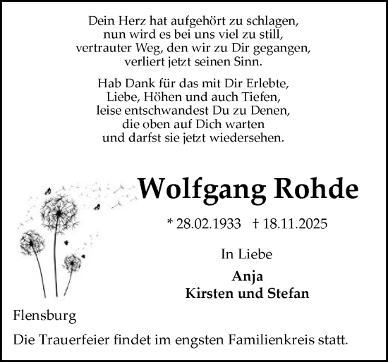 Traueranzeige von Wolfgang Rohde von Flensburger Tageblatt