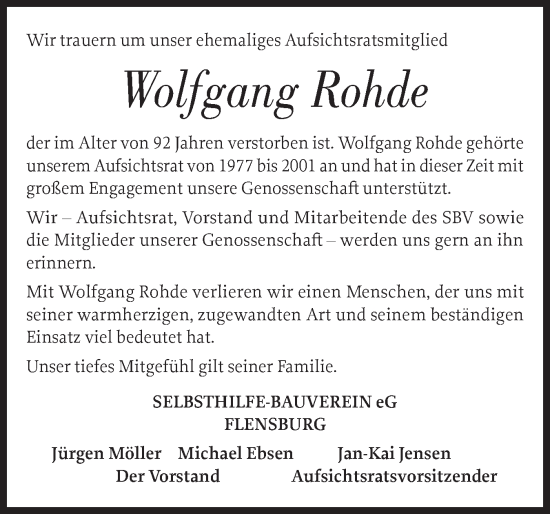 Traueranzeige von Wolfgang Rohde von Flensburger Tageblatt