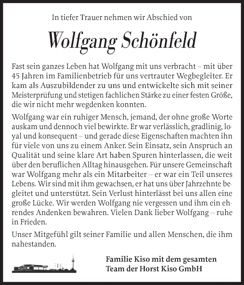  Traueranzeige für Wolfgang Schönfeld vom 13.12.2025 aus Schleswiger Nachrichten, Schlei-Bote