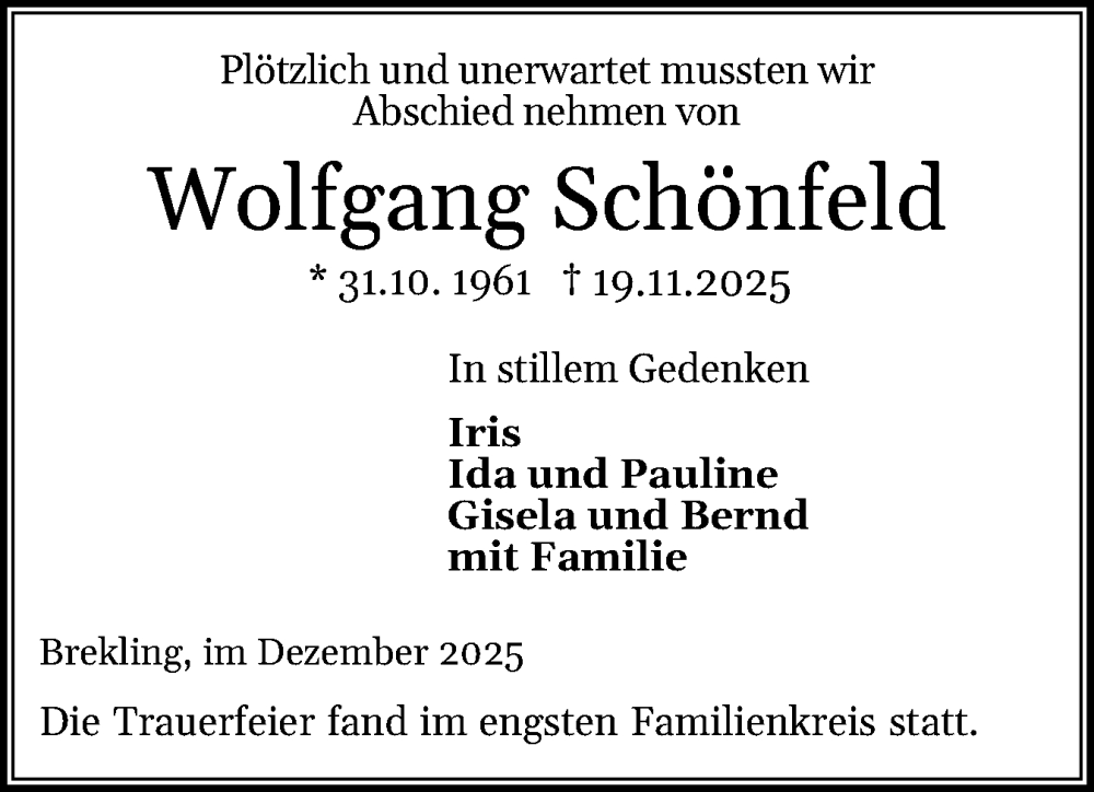  Traueranzeige für Wolfgang Schönfeld vom 13.12.2025 aus Schleswiger Nachrichten, Schlei-Bote