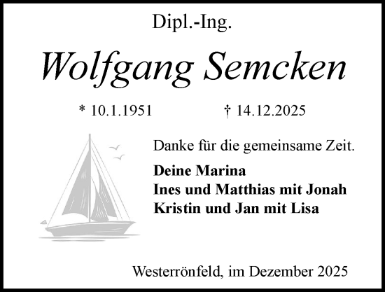 Traueranzeige von Wolfgang Semcken von Schleswig-Holsteinische Landeszeitung