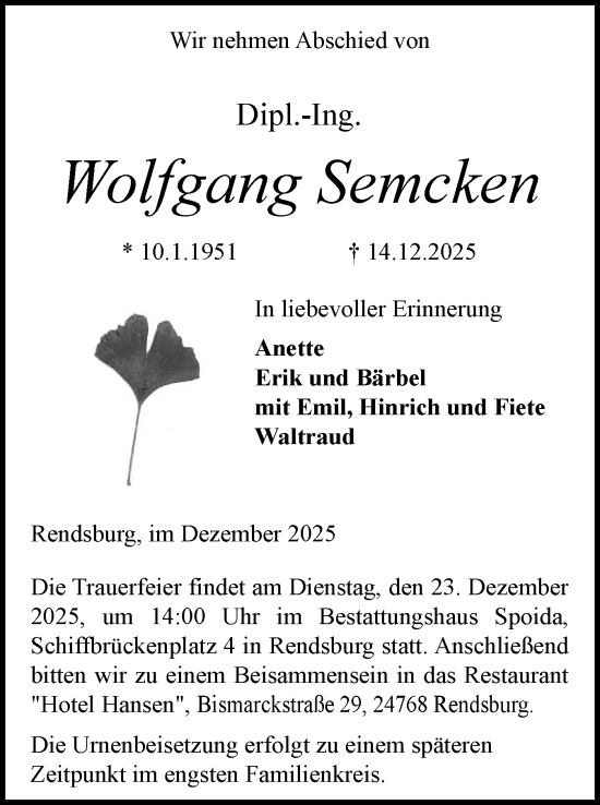 Traueranzeige von Wolfgang Semcken von Schleswig-Holsteinische Landeszeitung