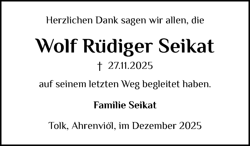  Traueranzeige für Wolf Rüdiger Seikat vom 20.12.2025 aus Schleswiger Nachrichten, Schlei-Bote