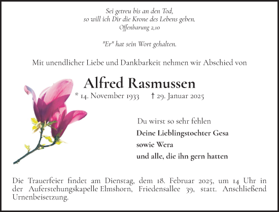 Traueranzeige von Alfred Rasmussen von Elmshorner Nachrichten, Barmstedter Zeitung