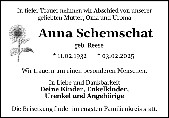 Traueranzeige von Anna Schemschat von Norddeutsche Rundschau, Wilstersche Zeitung, Glückstädter Fortuna