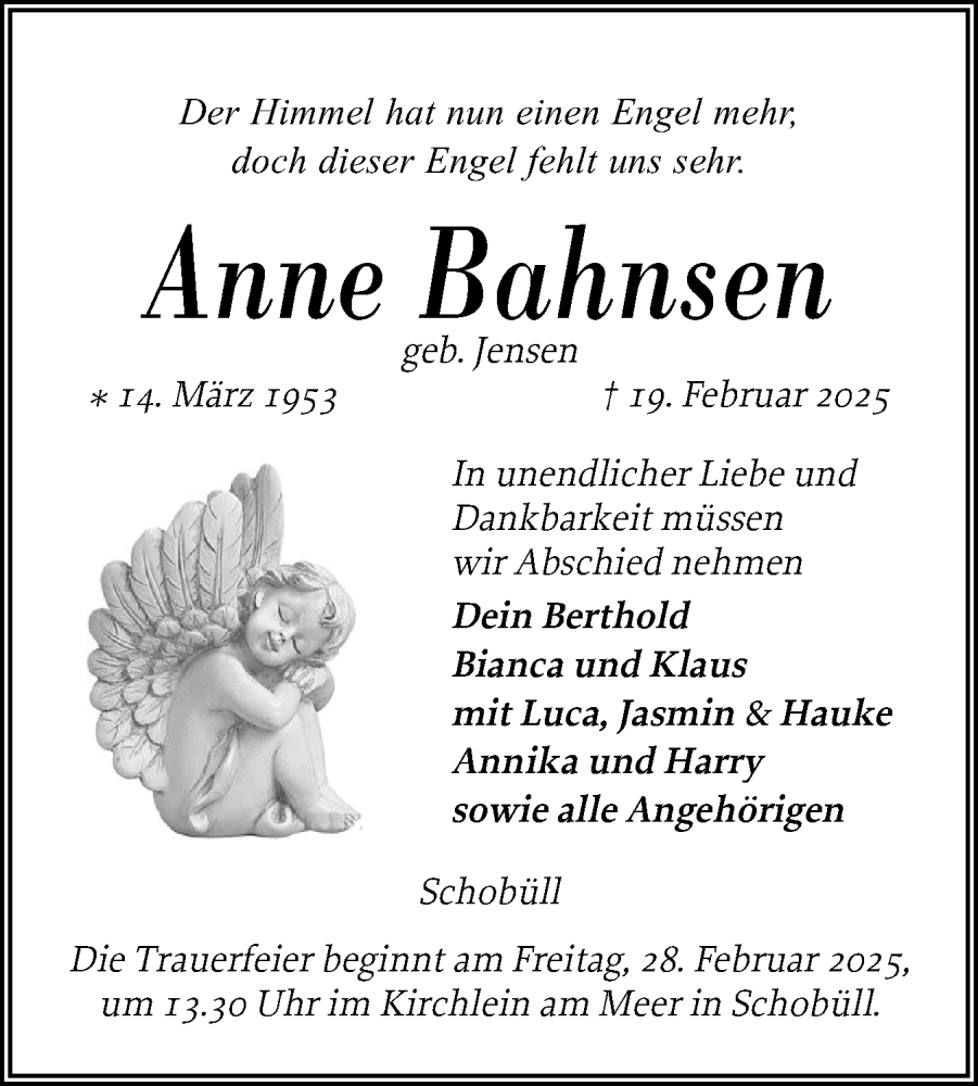  Traueranzeige für Anne Bahnsen vom 25.02.2025 aus Husumer Nachrichten, Nordfriesland Tageblatt