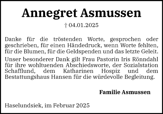 Traueranzeige von Annegret Asmussen von Region Flensburg
