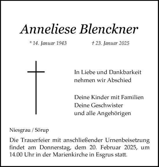 Traueranzeige von Anneliese Blenckner von Husumer Nachrichten, Nordfriesland Tageblatt
